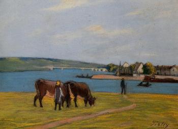 Alfred Sisley : Cows by the Seine at Saint-Mammes